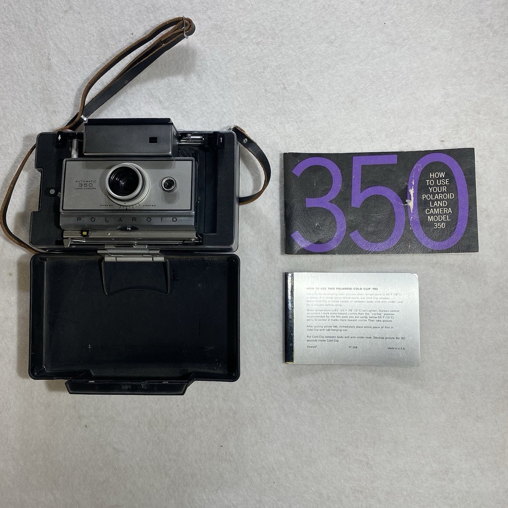 Polaroid Automatic 350 Land Camera w/ Case Manuals Cold-Clip Untested